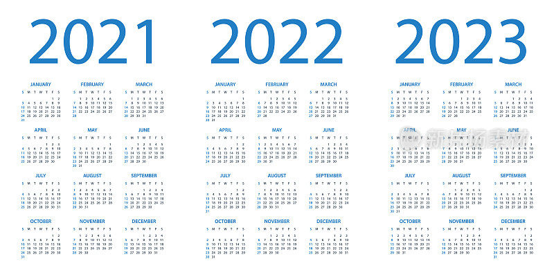 日历2021 2022 2023 -简单的布局插图。星期从星期天开始。日历设置为2021年、2022年和2023年